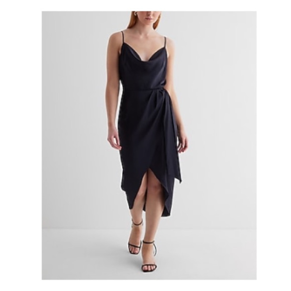 Satin Cowl Neck Tie Waist Hi-Lo
Midi Dress